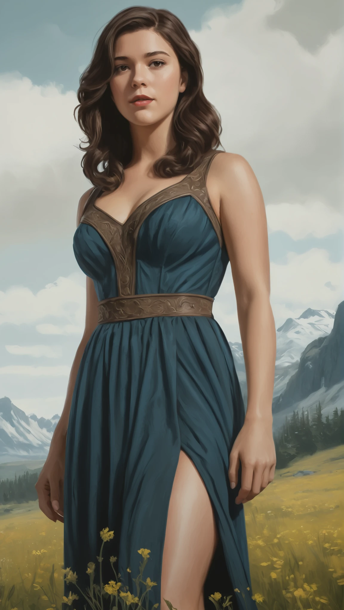 An illustrated movie poster, hand-drawn, full color, a Westerosi teen girl, wearing a long regal dress, resembles Mary Elizabeth Winstead, sun-tanned complexion, tall, athletic, Amazonian figure, curvy, toned midriff, bottom-heavy, generous hips, massive bubble-butt, ridiculously thick powerful thighs, dark hair, long hair, waist-length hair, posing in a meadow of wildflowers, hard shadows, graphite shading, stencil marks, airbrushed acrylic paint, masterpiece, in the style of Skyrim