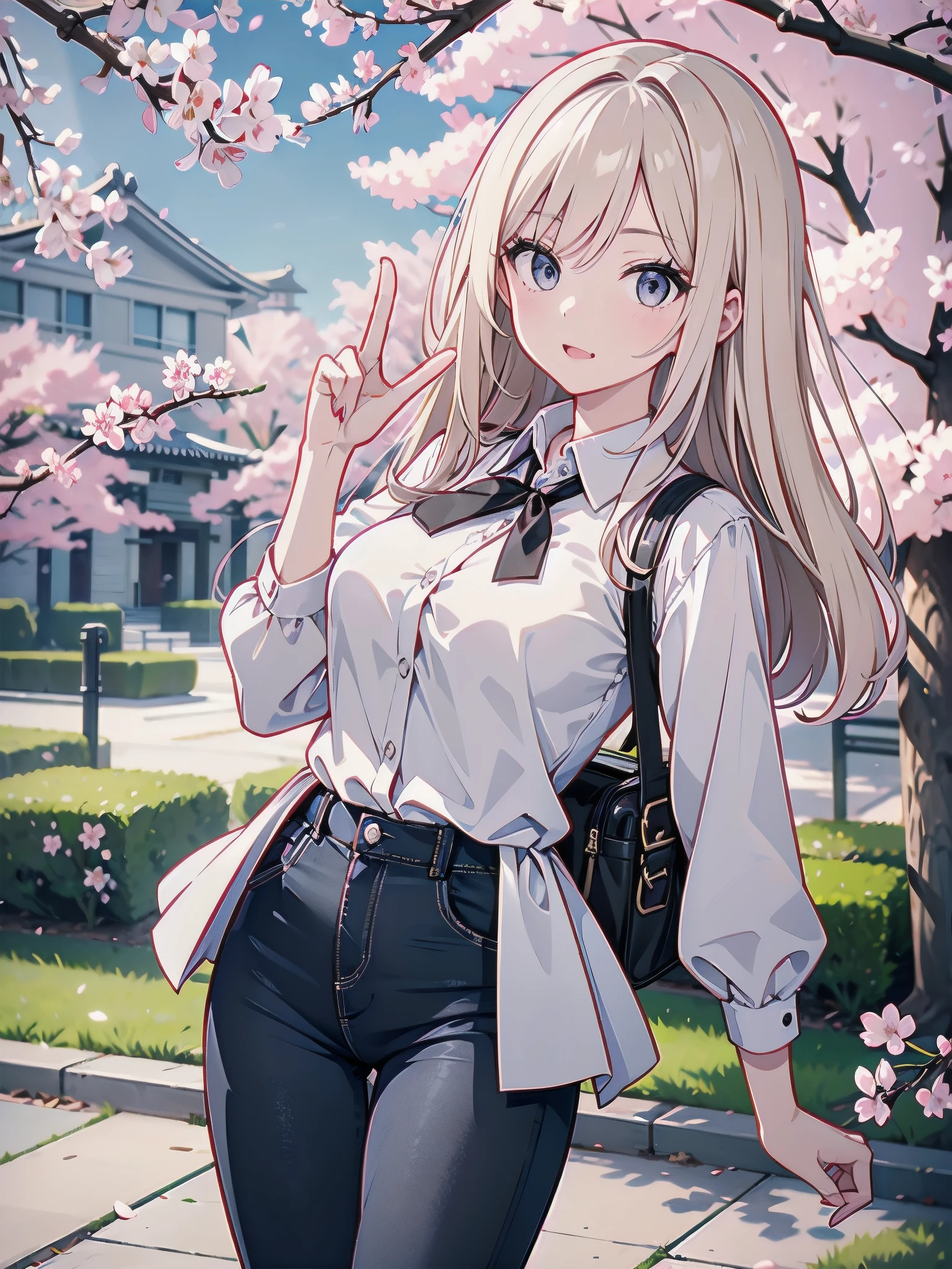 A 28-year-old female teacher wearing a white peplum blouse and black skinny jeans、A peace sign in front of a cherry blossom tree and a brick school building reminiscent of Tokyo Station