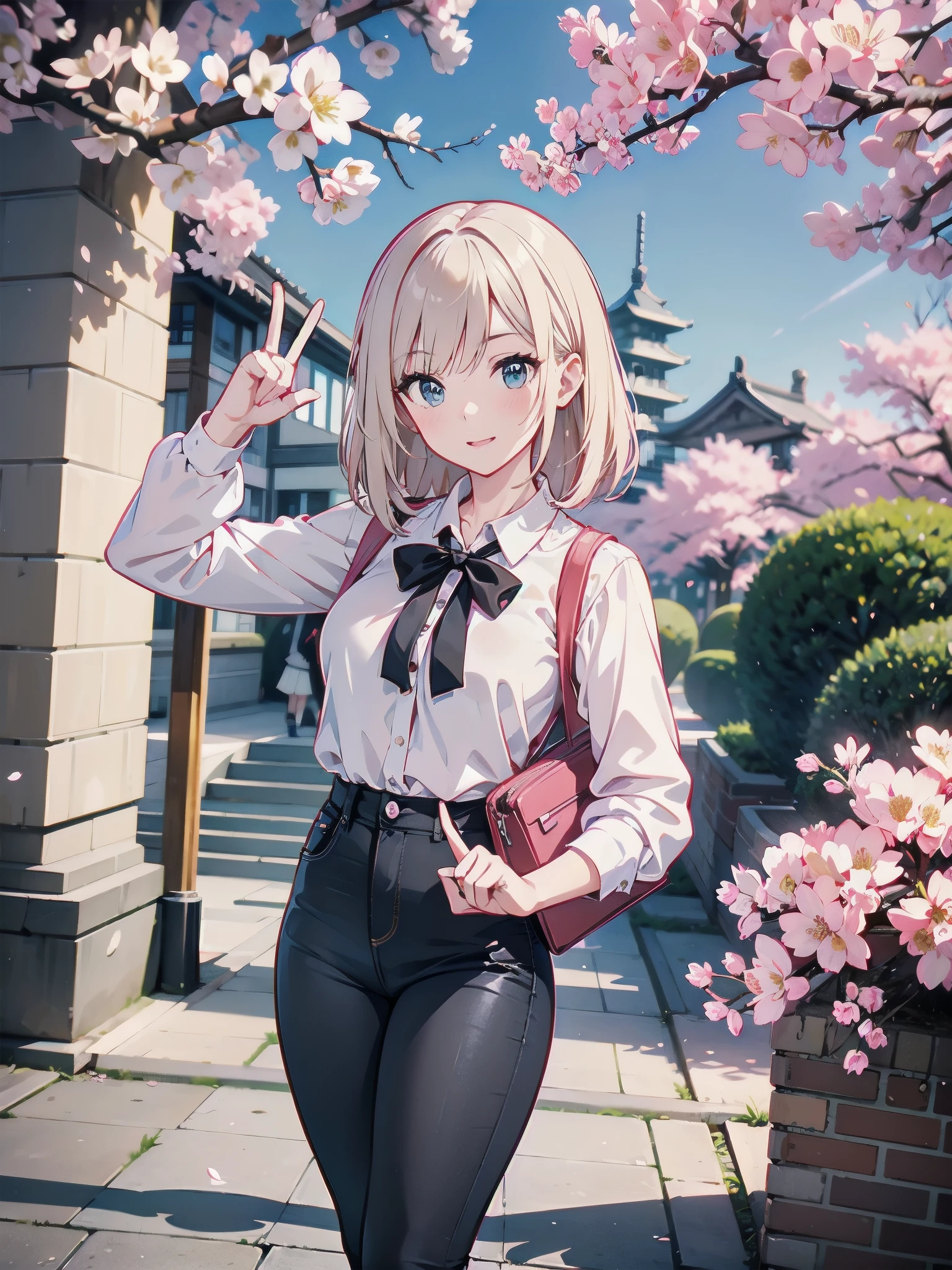 A 28-year-old female teacher wearing a white peplum blouse and black skinny jeans、A peace sign in front of a cherry blossom tree and a brick school building reminiscent of Tokyo Station