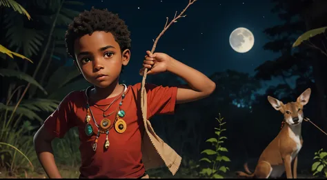 Um menino com roupas indianas, roupas cor vermelha, cor de Pele preta, menino negro, indigenous boy, pulando arbustos  no meio d...