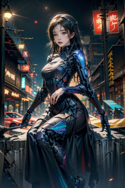 Alafid woman in gothic costume sitting on motorcycle, perfect cartoon woman, cyberpunk anime girl mech, Sitting on a cyberpunk m...