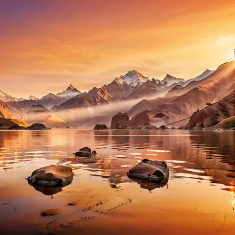 "create a high-resolution digital artwork depicting the serene moment of sunrise casting warm hues over the majestic himalayas c...