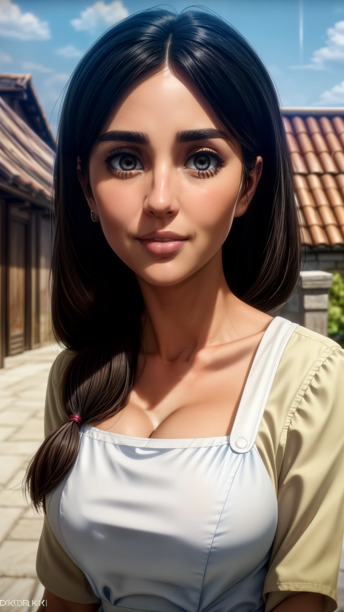 (day:1.7), a city with a lot of buildings and a sky background with clouds in the background and a blue sky, architecture,
Standing at attention, at the roof,
deep cleavage, collarbone, White apron,bare shoulders, 
black Hair,  brown eyes, Bangs, single braid, 
1 girl, 20yo,Young female,Beautiful Finger,Beautiful long legs,Beautiful body,Beautiful Nose,Beautiful character design, perfect eyes, perfect face,expressive eyes,
looking at viewer, in the center of the image,(Upper_body),(close-Up),(Focus on her face),
official art,extremely detailed CG unity 8k wallpaper, perfect lighting,Colorful, Bright_Front_face_Lighting,shiny skin, 
(masterpiece:1.0),(best_quality:1.0), ultra high res,4K,ultra-detailed,
photography, 8K, HDR, highres, absurdres:1.2, Kodak portra 400, film grain, blurry background, bokeh:1.2, lens flare, (vibrant_color:1.2)
(Beautiful,large_Breasts:1.4), (beautiful_face:1.5),(narrow_waist),