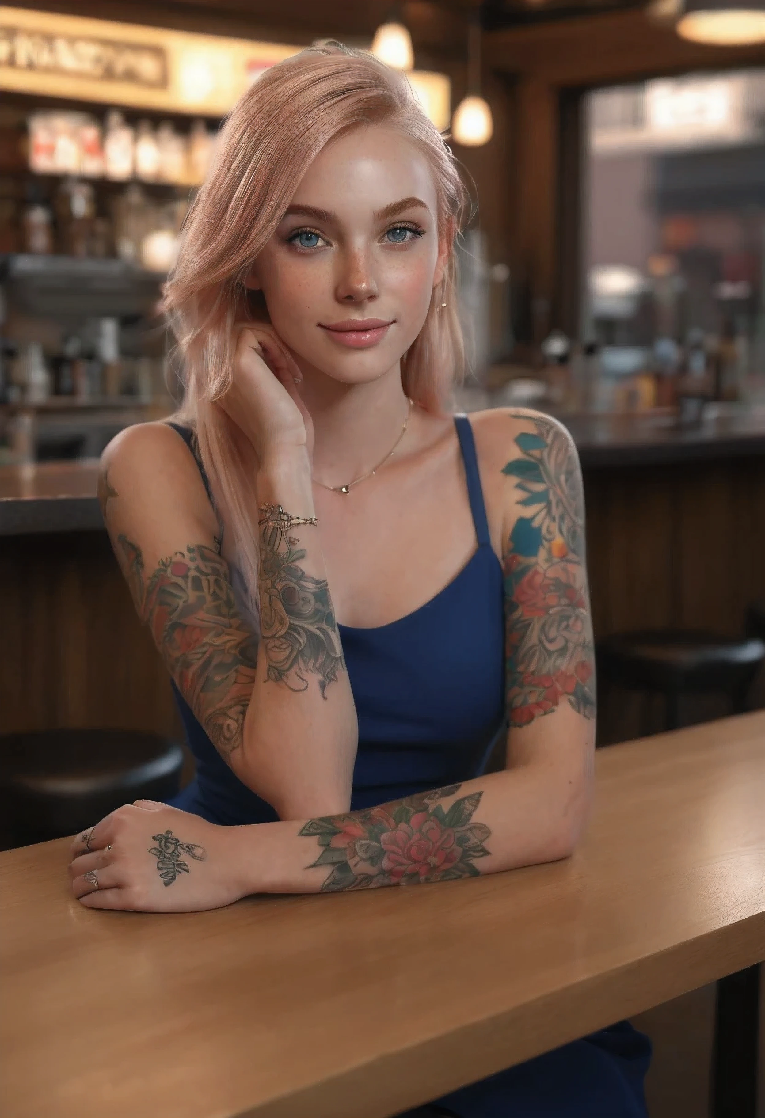 (realistic,tattooed,ginger:1.1)detailed girl(realistic, photorealistic:1.37),straight hair,detailed eyes, exposed and detailed arms (best quality,4k,8k,highres,masterpiece:1.2),wearing a dress,fine lines tattooed on both arms, sitting in a snack bar,hands on the table,lit by warm golden light,smiling face,relaxed pose,delicate facial features, looking at the viewer,perfect hands, detailed hands, detailed harms, detailed tatoo,blue eyes.