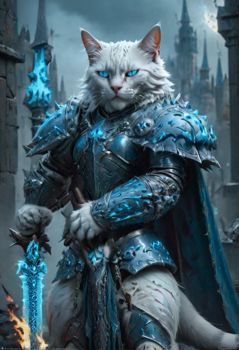 cat knight with cyan glowing eyes, (anthropomorphic cat:1.4), ethereal, angry, dynamic pose, Movie Still, cover art, vertical symmetry, famous artwork by artgerm and guweiz, ninja, hkstyle, (masterpiece, best quality, perfect composition, very aesthetic, absurdres, ultra-detailed, intricate details, Professional, official art, Representative work:1.3)