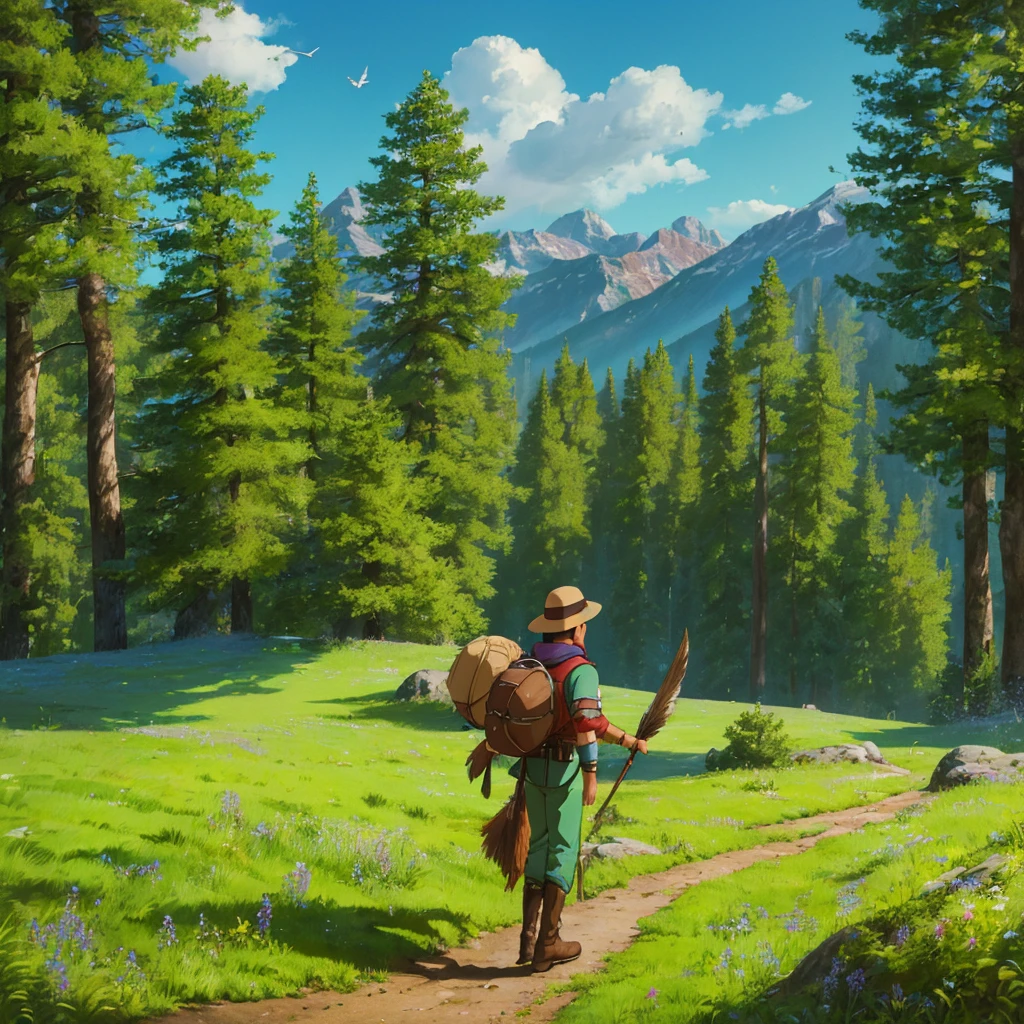 (High quality, 4K, HDR) 1  boy, adventurer, hat, trail clothes, brave adventurer, beautiful colors in the sky, birds in the background, animal, harmonious forest on a large scale, pants. (masterpiece, ultra realistic professional lighting, ultra thin 8K, fine texture of detailed background, sharp face with perfect strokes.