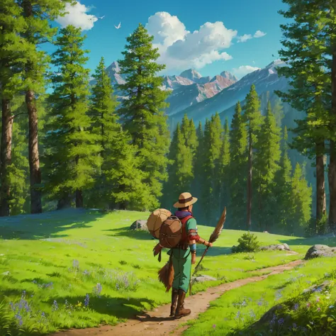 (High quality, 4K, HDR) 1  boy, adventurer, hat, trail clothes, brave adventurer, beautiful colors in the sky, birds in the back...