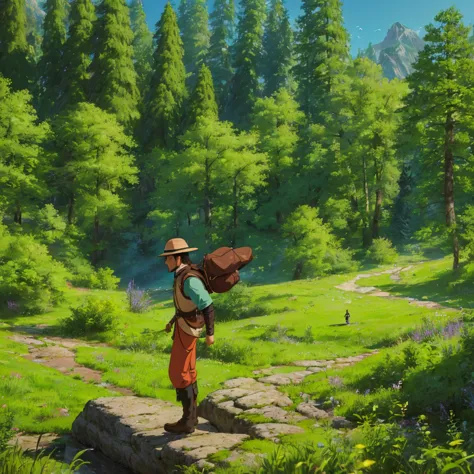 (High quality, 4K, HDR) 1  boy, adventurer, hat, trail clothes, brave adventurer, beautiful colors in the sky, birds in the back...