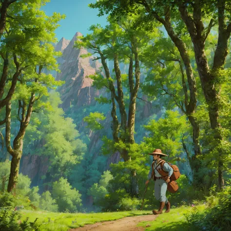 (High quality, 4K, HDR) 1  boy, adventurer, hat, trail clothes, brave adventurer, beautiful colors in the sky, birds in the back...