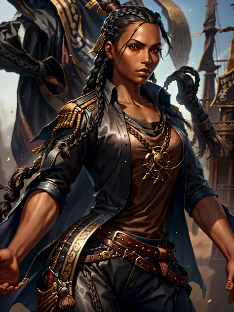 Woman, black skin, black hair, long braid, pirate, leather clothes, dressed in male pirate clothes. shirt and pants.