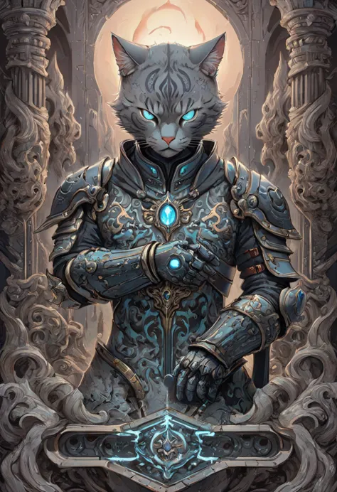 cat knight with cyan glowing eyes, (anthropomorphic cat:1.4), engraved ornate heavy deathknight armor, gleaming steel, dramatic ...