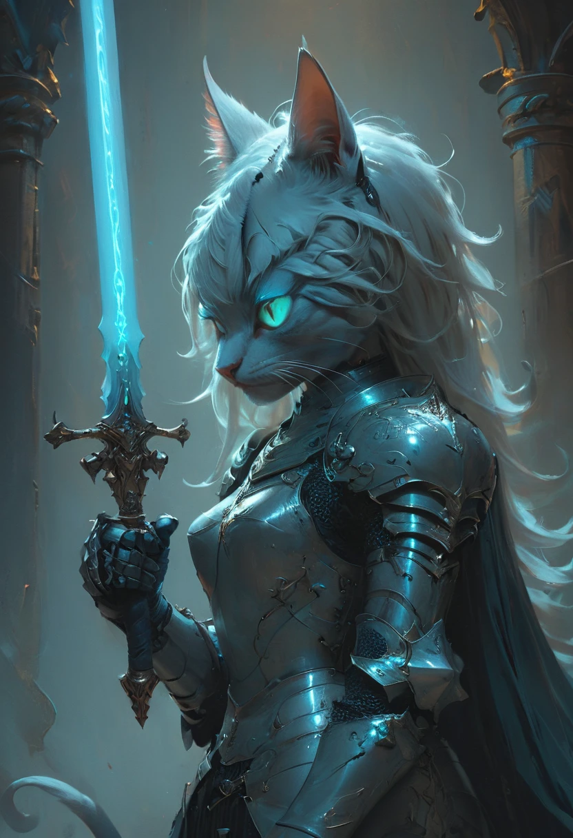 cat knight with cyan glowing eyes, (anthropomorphic cat:1.4), ethereal, angry, dynamic pose, Movie Still, cover art, vertical symmetry, famous artwork by artgerm and guweiz, ninja, hkstyle, (masterpiece, best quality, perfect composition, very aesthetic, absurdres, ultra-detailed, intricate details, Professional, official art, Representative work:1.3)