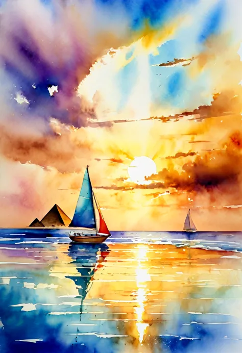 Watercolor painting sunset, high tide, golden sand, calm sea, colorful clouds, rays of light penetrating the clouds, in the refl...