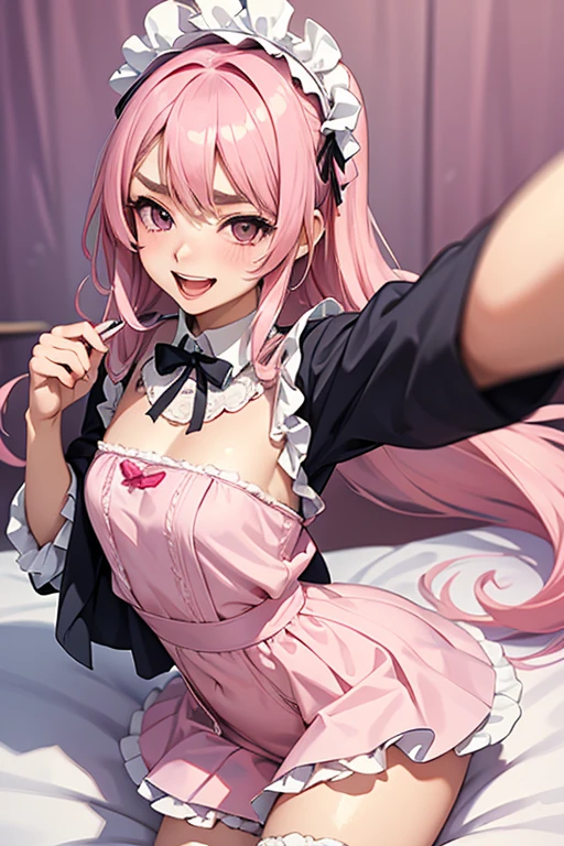 Girl with pink hair, long double-tailed hairstyle, ((small pink bushy eyebrows)), wearing lolita clothing, shorts, marked vagina, lolicon (Zankuro) drawing style by zankuro artist, Zancro style, image uploaded to R34, flirty smile, take a selfie, close-up, ((showing a breast outside the shirt)), (squeezing a breast with her hand) face very close to the camera, moan and drool) happy face cheeky smile