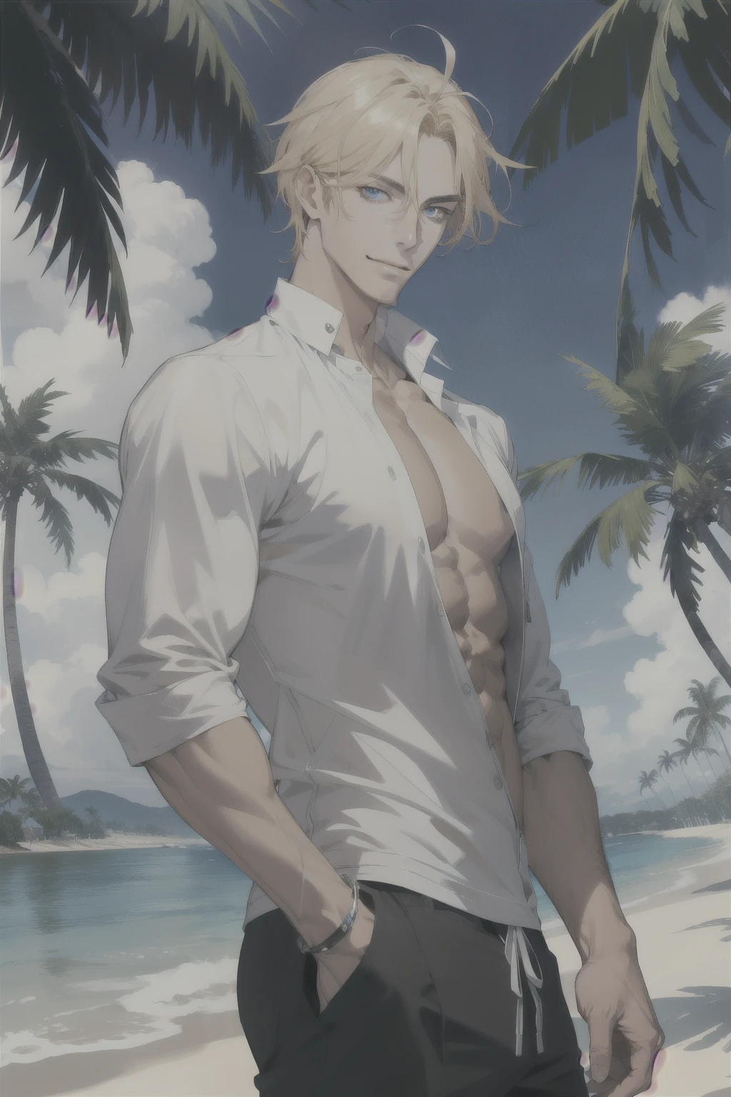 Anime guy with no shirt on standing on a beach near the ocean - SeaArt AI