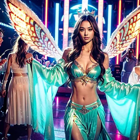 Victoria's Secret Angel半服を着ており、Wearing ultralight sexy robes。The camera is、Capture Victoria's Secret Angel dancing on the water，...