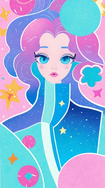 The image features a female character illustration with stylized strokes and pastel color. The character has long, wavy hair., colored in pale pink and pale blue, qui semblent être une couleur de cheveux artificielle ou une couleur de cheveux de personnage de jeu vidéo. Elle a des yeux grands et brillants, with long eyelashes and detailed eyelids. Le personnage porte une combinaison de couleur pastel, avec des tons de rose et de bleu, qui semblent être des vêtements ou des armures futuristes. The background of the image is an alien scene with stars and planets, suggérant un environnement spatial ou une scène de science-fiction. The style of the image is very detailed and colorful, avec une attention particulière à la texture et à la lumière.