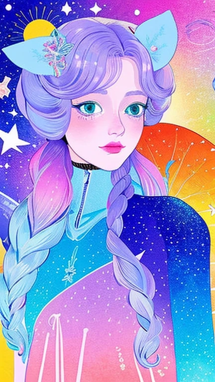 The image features a female character illustration with stylized strokes and pastel color. The character has long, wavy hair., colored in pale pink and pale blue, qui semblent être une couleur de cheveux artificielle ou une couleur de cheveux de personnage de jeu vidéo. Elle a des yeux grands et brillants, with long eyelashes and detailed eyelids. Le personnage porte une combinaison de couleur pastel, avec des tons de rose et de bleu, qui semblent être des vêtements ou des armures futuristes. The background of the image is an alien scene with stars and planets, suggérant un environnement spatial ou une scène de science-fiction. The style of the image is very detailed and colorful, avec une attention particulière à la texture et à la lumière.