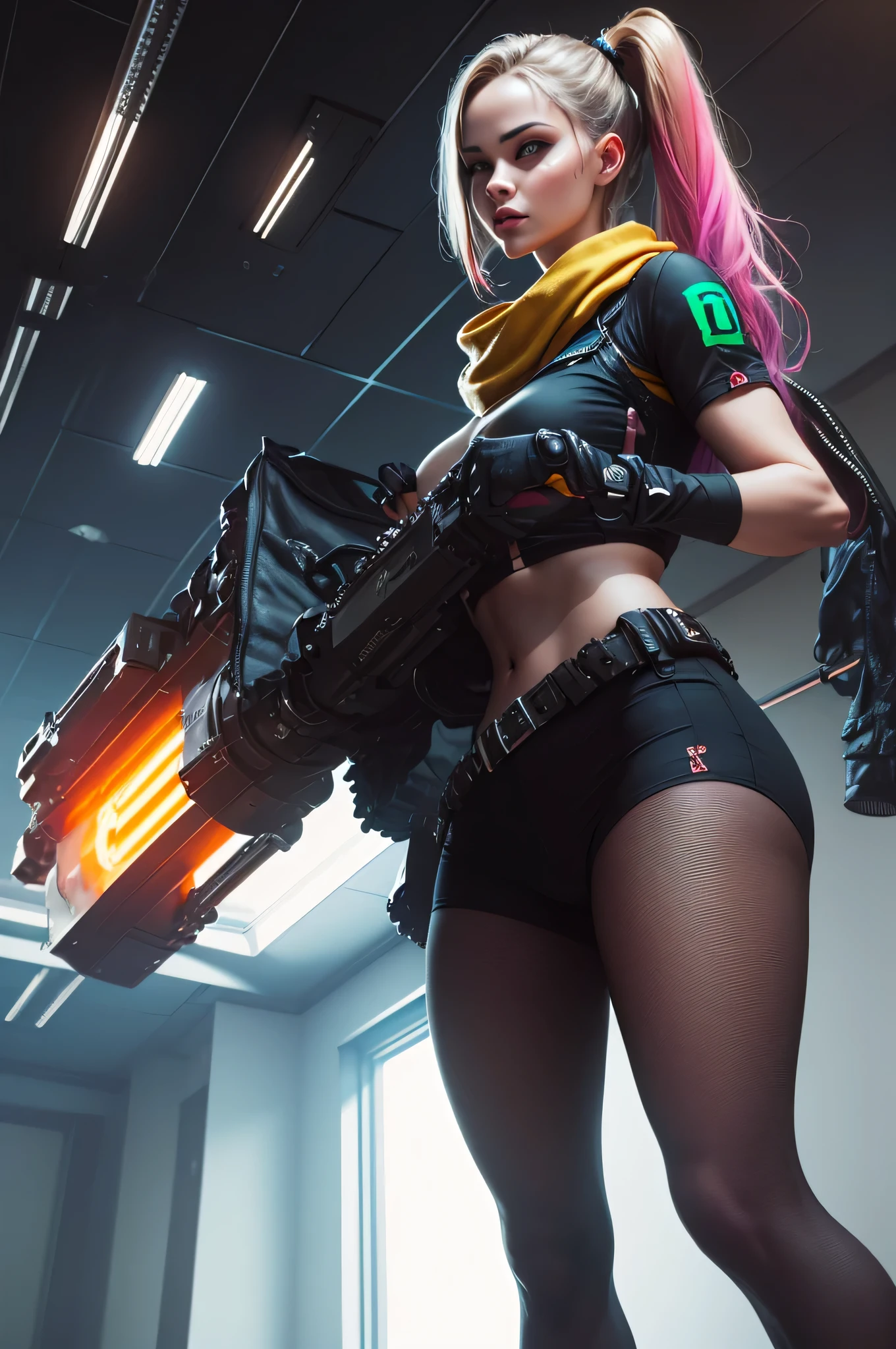 unreal engine:1.4,CG K ultra realistic, photorealistic:1.4, skin texture:1.4, artwork 1girl, Gatling gun, Shell, looking at viewer, dynamic pose, Blows, ammunition belt, gloves, breasts, shooting, extremely detailed :1.4, more detailed, optical mix, playful patterns, animated texture, unique visual effect, or cyberpunk yellow color, red pantyhose, yellow leather miniskirt, masterpiece, ((colors, cyan, greens, pink, brown: 1.2)) , 8k realistic digital art)), 32k