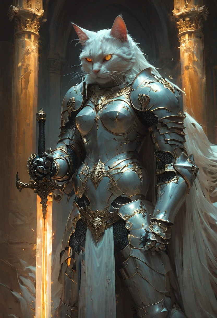 cat knight with cyan glowing eyes, (anthropomorphic cat:1.4), ethereal, angry, dynamic pose, Movie Still, cover art, vertical symmetry, famous artwork by artgerm and guweiz, ninja, hkstyle, (masterpiece, best quality, perfect composition, very aesthetic, absurdres, ultra-detailed, intricate details, Professional, official art, Representative work:1.3)