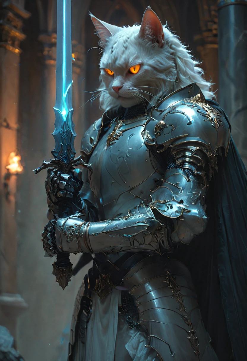 cat knight with cyan glowing eyes, (anthropomorphic cat:1.4), ethereal, angry, dynamic pose, Movie Still, cover art, vertical symmetry, famous artwork by artgerm and guweiz, ninja, hkstyle, (masterpiece, best quality, perfect composition, very aesthetic, absurdres, ultra-detailed, intricate details, Professional, official art, Representative work:1.3)