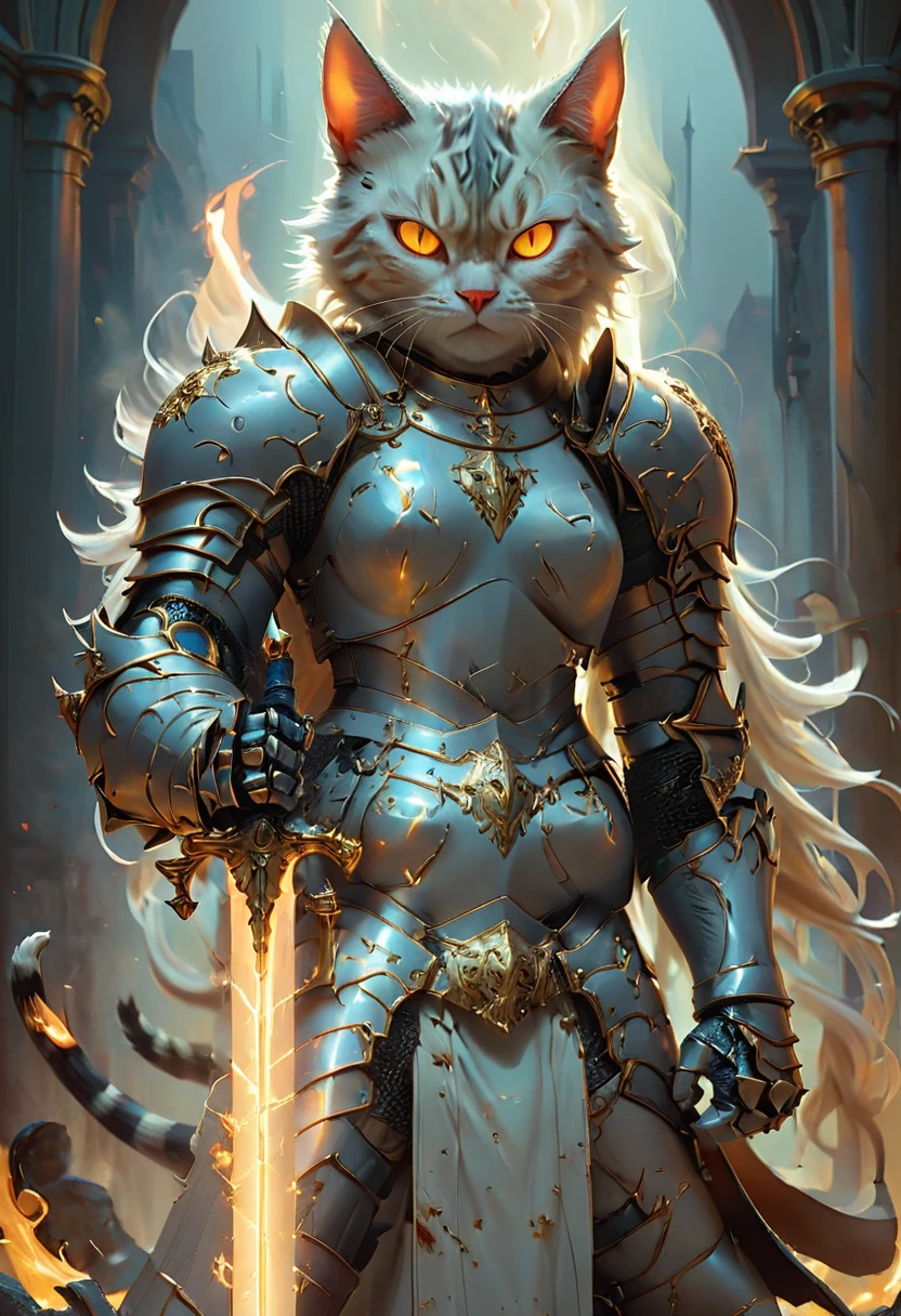 cat knight with cyan glowing eyes, (anthropomorphic cat:1.4), ethereal, angry, dynamic pose, Movie Still, cover art, vertical symmetry, famous artwork by artgerm and guweiz, ninja, hkstyle, (masterpiece, best quality, perfect composition, very aesthetic, absurdres, ultra-detailed, intricate details, Professional, official art, Representative work:1.3)