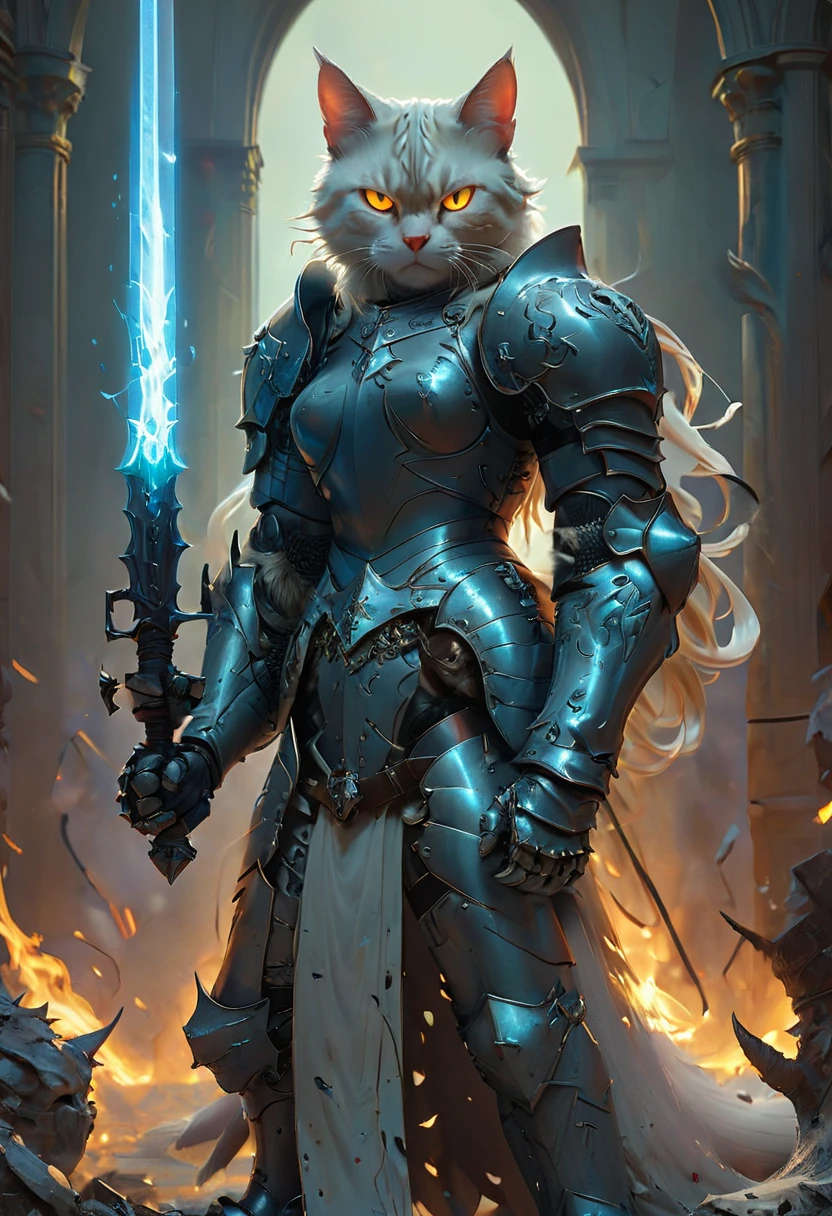 cat knight with cyan glowing eyes, (anthropomorphic cat:1.4), ethereal, angry, dynamic pose, Movie Still, cover art, vertical symmetry, famous artwork by artgerm and guweiz, ninja, hkstyle, (masterpiece, best quality, perfect composition, very aesthetic, absurdres, ultra-detailed, intricate details, Professional, official art, Representative work:1.3)