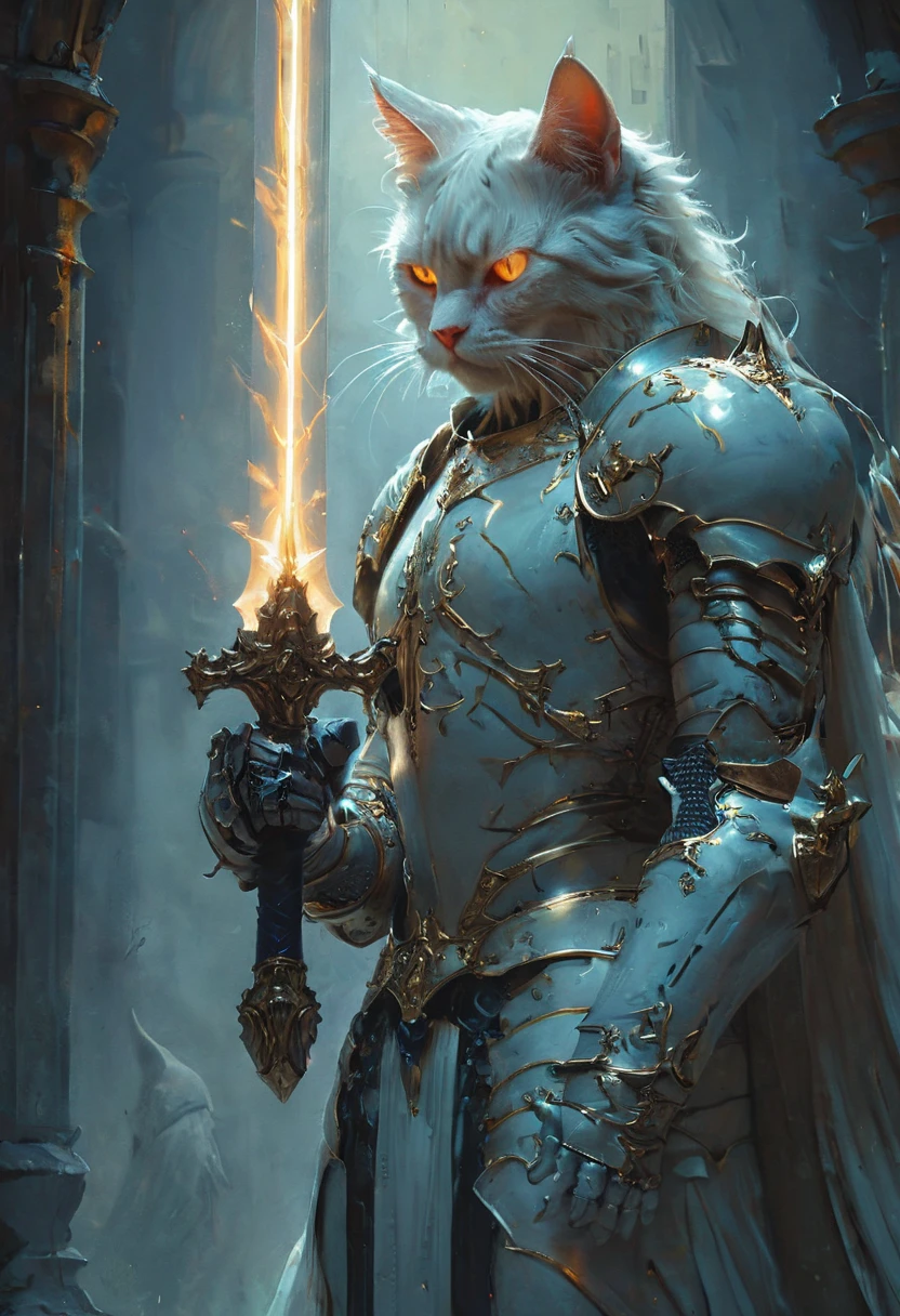 cat knight with cyan glowing eyes, (anthropomorphic cat:1.4), ethereal, angry, dynamic pose, Movie Still, cover art, vertical symmetry, famous artwork by artgerm and guweiz, ninja, hkstyle, (masterpiece, best quality, perfect composition, very aesthetic, absurdres, ultra-detailed, intricate details, Professional, official art, Representative work:1.3)