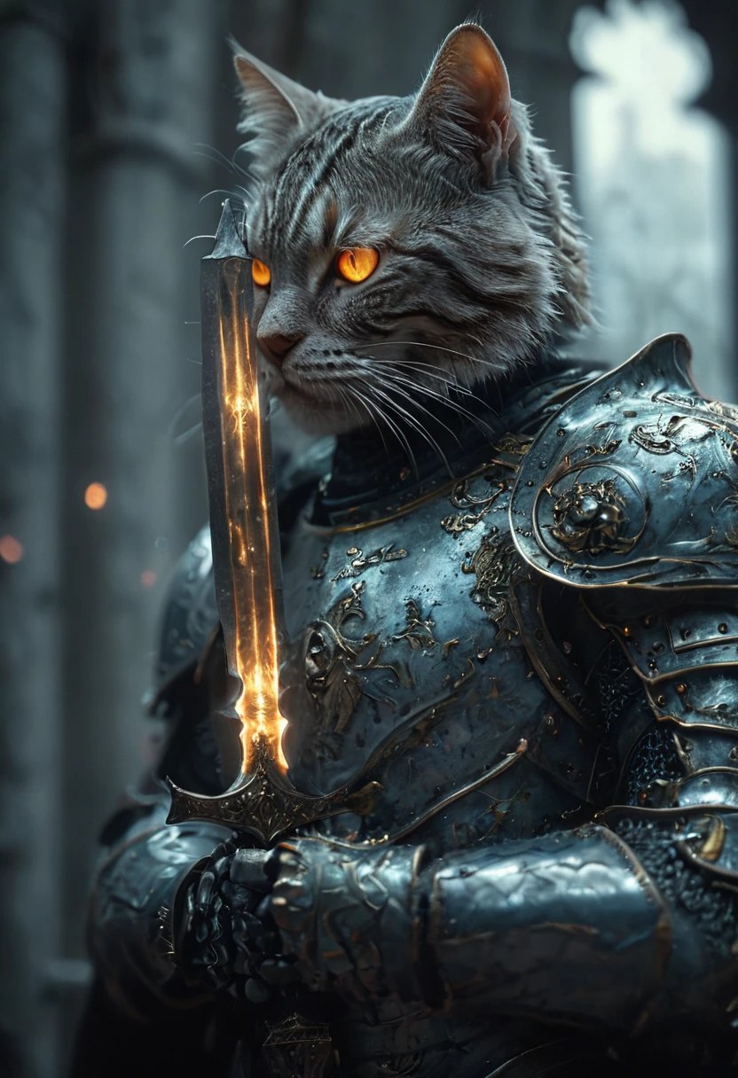 cat knight with cyan glowing eyes, (anthropomorphic cat:1.4), ethereal, angry, dynamic pose, Movie Still, cover art, vertical symmetry, famous artwork by artgerm and guweiz, ninja, hkstyle, (masterpiece, best quality, perfect composition, very aesthetic, absurdres, ultra-detailed, intricate details, Professional, official art, Representative work:1.3)