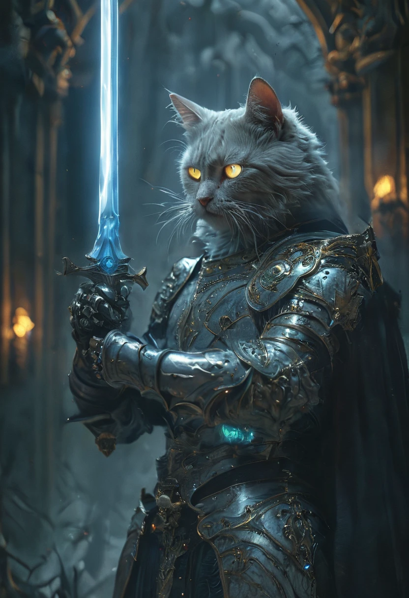 cat knight with cyan glowing eyes, (anthropomorphic cat:1.4), ethereal, angry, dynamic pose, Movie Still, cover art, vertical symmetry, famous artwork by artgerm and guweiz, ninja, hkstyle, (masterpiece, best quality, perfect composition, very aesthetic, absurdres, ultra-detailed, intricate details, Professional, official art, Representative work:1.3)