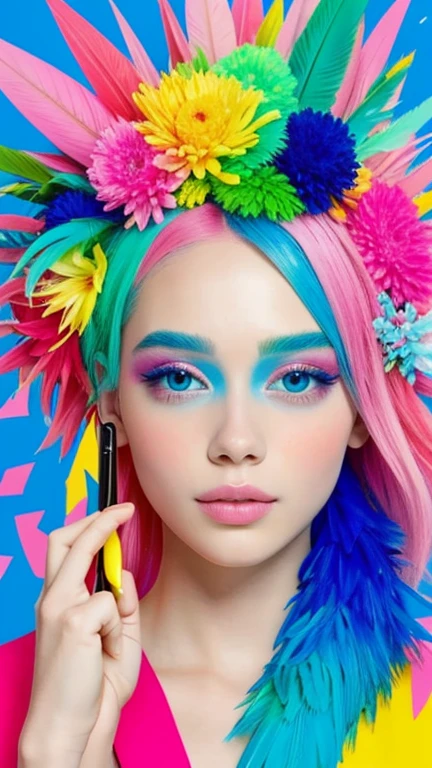 The image shows a person with a vibrant and colorful makeup and hairstyle. The individual has a bold, colorful eye makeup with blue and pink hues, and their cheeks are adorned with a similar color palette. They are wearing a headpiece that appears to be made of colorful, fluffy materials, possibly feathers or a similar texture, in shades of red, blue, and pink. The person is also wearing a garment with a bright yellow and blue striped pattern.

The background is a colorful abstract painting with splashes of blue, yellow, and red, which complements the overall colorful theme of the image. The person is holding a pencil, suggesting they might be involved in some form of artistic activity. The overall aesthetic of the image is playful and artistic, with a strong emphasis on color and creativity.