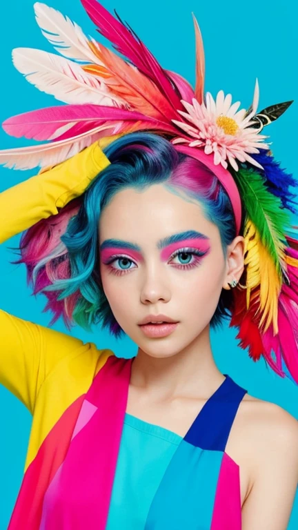 The image shows a person with a vibrant and colorful makeup and hairstyle. The individual has a bold, colorful eye makeup with blue and pink hues, and their cheeks are adorned with a similar color palette. They are wearing a headpiece that appears to be made of colorful, fluffy materials, possibly feathers or a similar texture, in shades of red, blue, and pink. The person is also wearing a garment with a bright yellow and blue striped pattern.

The background is a colorful abstract painting with splashes of blue, yellow, and red, which complements the overall colorful theme of the image. The person is holding a pencil, suggesting they might be involved in some form of artistic activity. The overall aesthetic of the image is playful and artistic, with a strong emphasis on color and creativity.