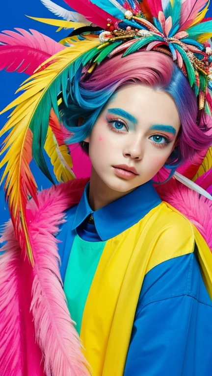 The image shows a person with a vibrant and colorful makeup and hairstyle. The individual has a bold, colorful eye makeup with blue and pink hues, and their cheeks are adorned with a similar color palette. They are wearing a headpiece that appears to be made of colorful, fluffy materials, possibly feathers or a similar texture, in shades of red, blue, and pink. The person is also wearing a garment with a bright yellow and blue striped pattern.

The background is a colorful abstract painting with splashes of blue, yellow, and red, which complements the overall colorful theme of the image. The person is holding a pencil, suggesting they might be involved in some form of artistic activity. The overall aesthetic of the image is playful and artistic, with a strong emphasis on color and creativity.