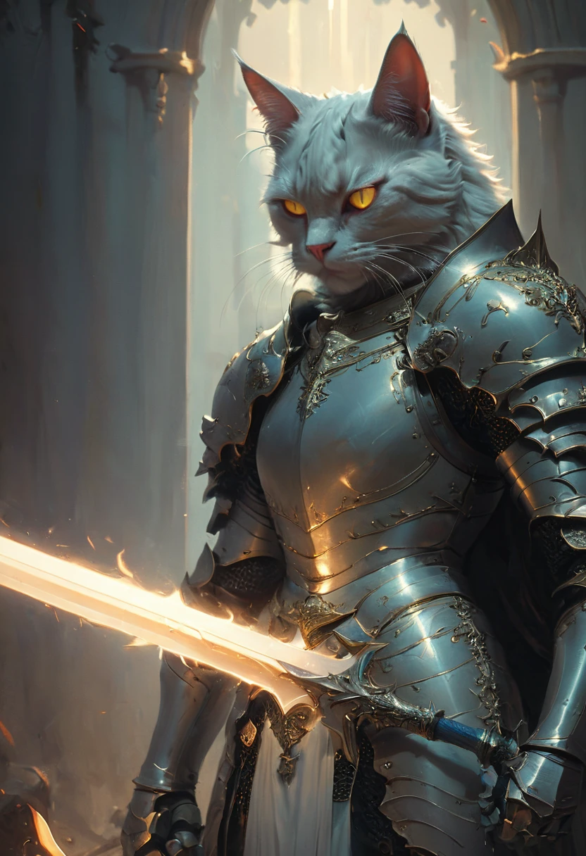 cat knight with cyan glowing eyes, (anthropomorphic cat:1.4), ethereal, angry, dynamic pose, Movie Still, cover art, vertical symmetry, famous artwork by artgerm and guweiz, ninja, hkstyle, (masterpiece, best quality, perfect composition, very aesthetic, absurdres, ultra-detailed, intricate details, Professional, official art, Representative work:1.3)