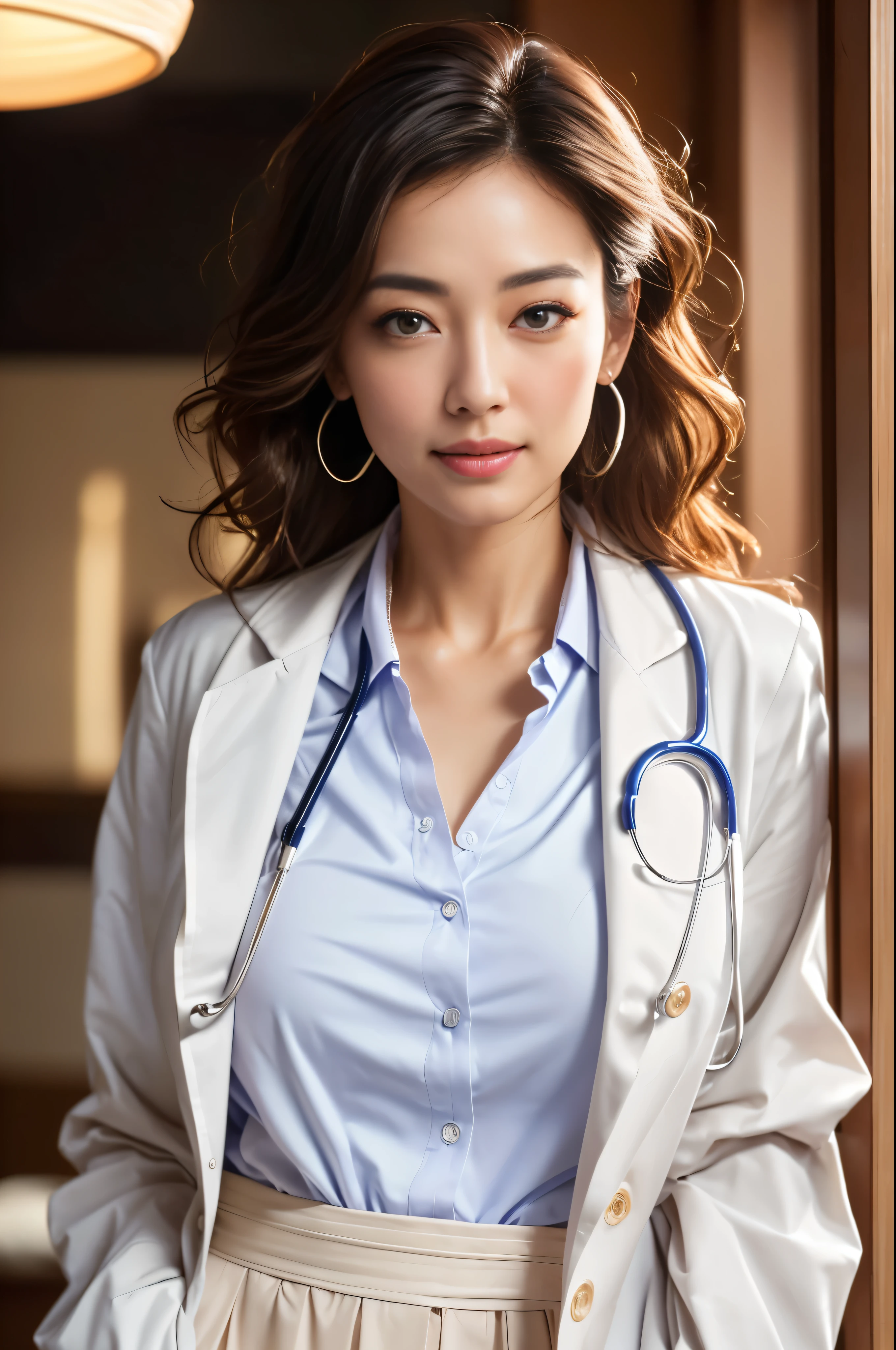 Fotorrealistic beautiful doctor、obra de arte、doctors white coat, camisa de colarinho、(Mais alta qualidade、8k、32k、obra de arte、SFW:1.3)、(Fotorreal:1.3)、Foto CRU, rosto detalhado,,cabelo bonito,pele que parece real、 ((Medical style)), , saia preta justa、 Maquiagem natural,, seios grandes e cheios:1.5、dentro do hospital, fundo detalhado, Perfect Lighting, Profundidade dos limites escritos, Stethoscope ,