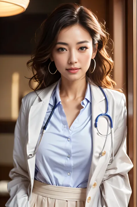 fotorrealistic beautiful doctor、obra de arte、doctors white coat, camisa de colarinho、(mais alta qualidade、8k、32k、obra de arte、sf...