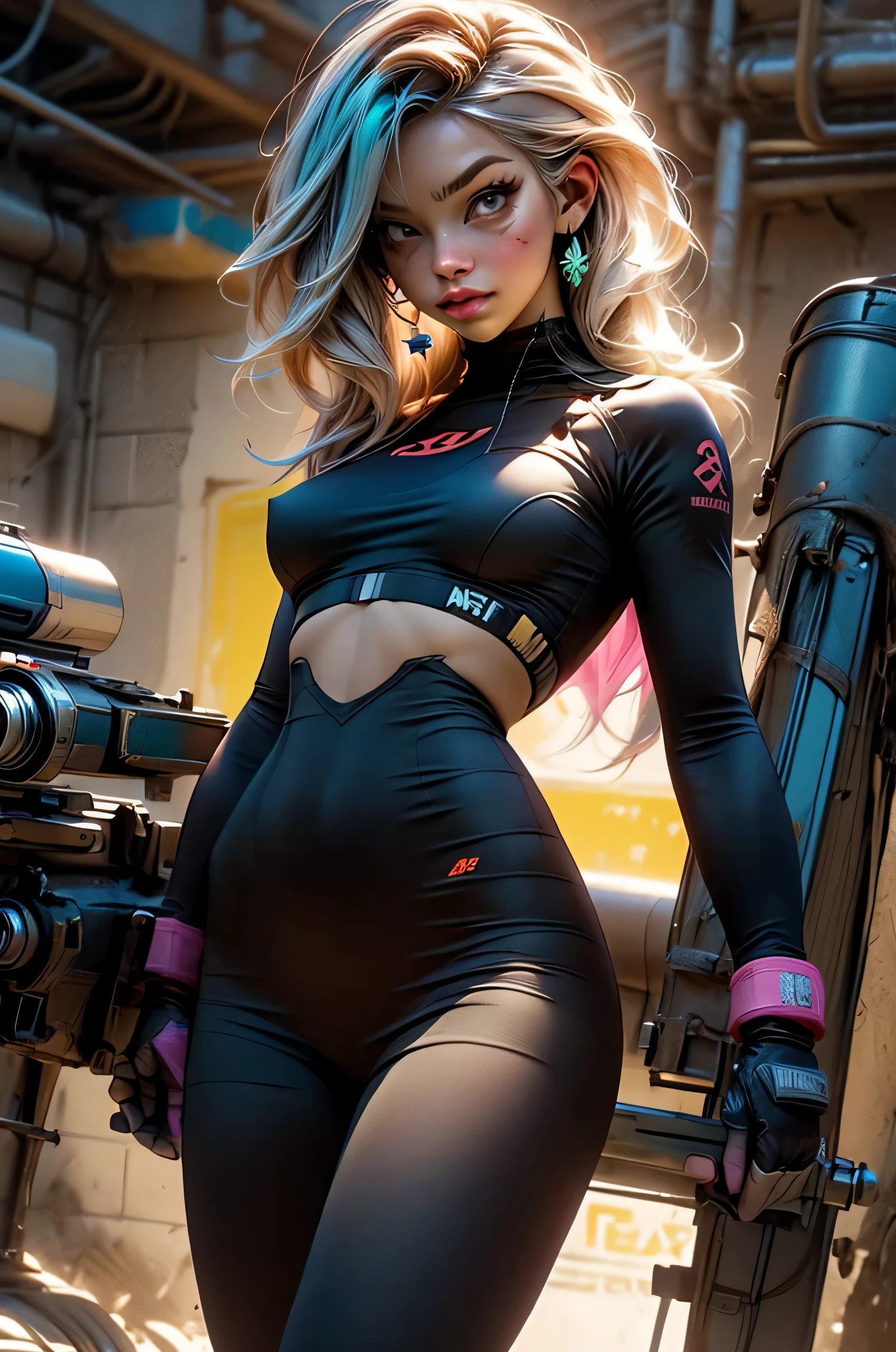 unreal engine:1.4,CG K ultra realistic, photorealistic:1.4, skin texture:1.4, artwork 1girl, Gatling gun, Casing, looking at viewer, dynamic pose, Blows, ammunition belt, gloves, large breasts not disproportionate, shooting , extremely detailed:1.4, more detailed, optical mix, playful patterns, animated texture, unique visual effect, or cyberpunk yellow color, red pantyhose, yellow leather miniskirt, masterpiece, ((colors, cyan, greens, pink, brown: 1.2)), 8k realistic digital art)), 32k