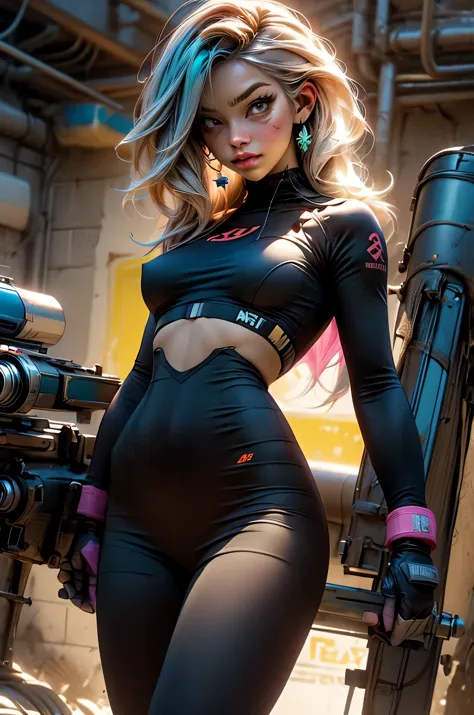 unreal engine:1.4,CG K ultra realistic, photorealistic:1.4, skin texture:1.4, artwork 1girl, Gatling gun, Casing, looking at viewer, dynamic pose, Blows, ammunition belt, gloves, large breasts not disproportionate, shooting , extremely detailed:1.4, more d...