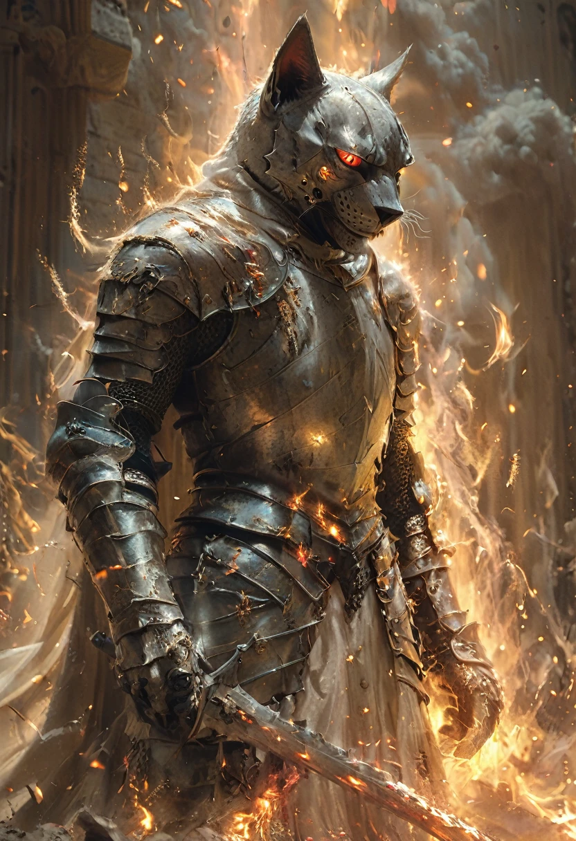 cat knight with glowing eyes, soul knight, (anthropomorphic cat), angry, dynamic pose, Movie Still, cover art, vertical symmetry, (masterpiece, best quality, perfect composition, very aesthetic, absurdres, ultra-detailed, intricate details, Professional, official art, Representative work:1.3)