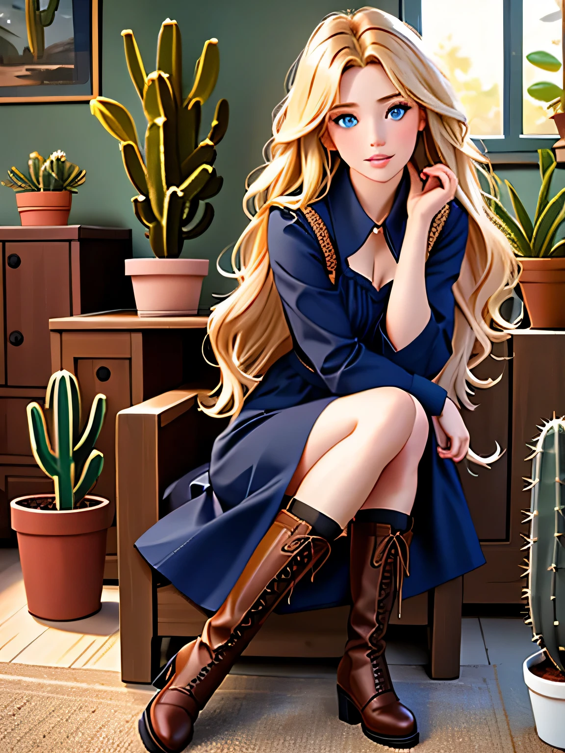 Realistic photos of beautiful 3ll4c women,1 girl,alone,long hair,looking at the viewer,blue eyes,blonde hair,have,dress,sitting,boots,black dress,lips,brown footwear,plant,Head dress,realistic,potted plant,flower pot,cactus,soft lighting, professional photography, Photorealistic, be familiar with, born, analog, sharp focus, 8K, hd, high quality, masterpiece