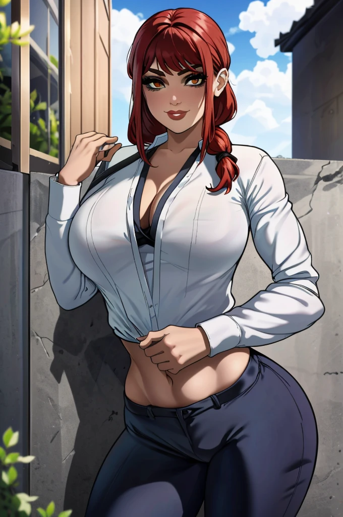  1girl, standing alone,  gazing at viewer, , Red hair, asymmetrical hair, blurry, takeout, Wart, blurry background, red lips, giorno, chemise, trunk, lips, mouth hold, ombre, Depth of field, shorth hair, plein-air, mascara, medium hair, breasts big, fat breasts, thick-thighs, best qualityer:1.3), (4K quality), ashe OVERWATCH , ((face detailed)),((ssmile)), ((curvy body)), (breasts big), sensuous, (( have a haircut )), ((trouser neckline ), ((blue sky)), ((leaning forward)), gazing at viewer, necktie, White hair, asymmetrical hair, blurry, takeout, red necktie,
