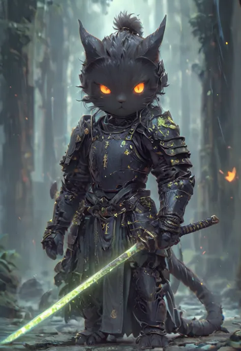 cat knight with glowing eyes, katana, Chibi Knight, (anthropomorphic cat), angry, dynamic pose, Movie Still, cover art, vertical...
