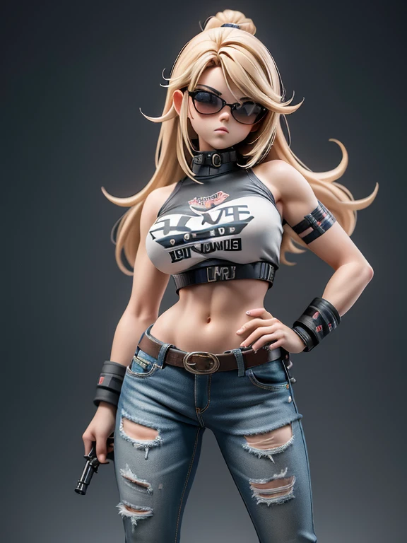 heroína urbana, BADGIRL (Durão) cabelos longos e rebeldes, piercing nas orelhas, olhar raivoso, corpo atlético, primeiro o rei (com cicatrizes) tatuagens (Estilo Yakuza) jaqueta jeans V (mangas rasgadas) sobre blusa top (tomara que caia) jeans estilizados (justa) fivela grande (estilo cowboy) botas de cano alto (estilo militar) pose sensual, armada com um , faca tipo Bowie e pistola em coldre (preso na cintura) (Cena cinematográfica) (caos urbano) (animes de ação) (obra-prima) Vista frontal dinâmica, qualidade ultra-HD,