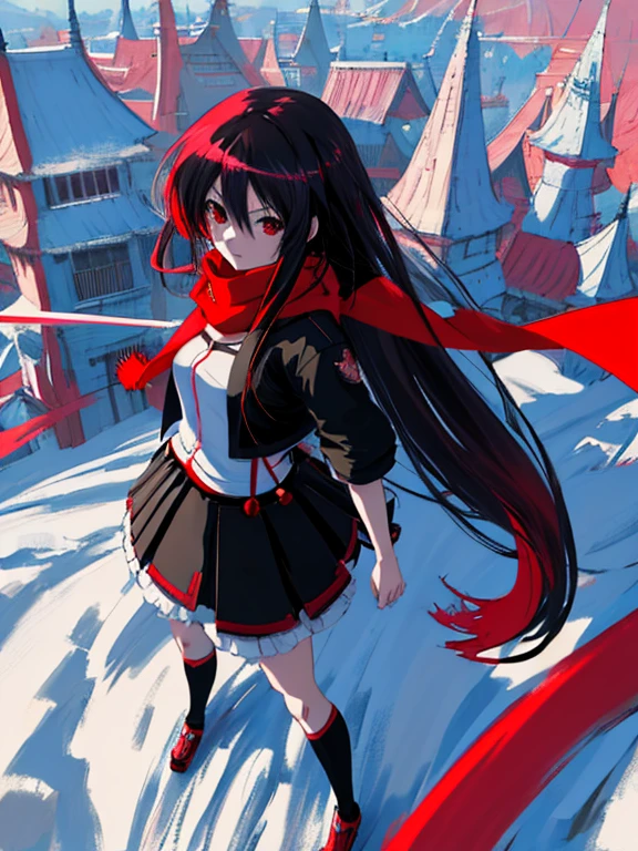 Anime girl with long hair and red scarf standing in front of the crowd, 4K anime style, 4k anime wallpapers, 4k anime wallpapers, Anime wallpaper 4K, Badass anime 8 K, Anime art wallpaper 4k, Anime art wallpaper 4k, 4k manga wallpapers, Anime art wallpaper 8k, style of anime. 8K, female anime character