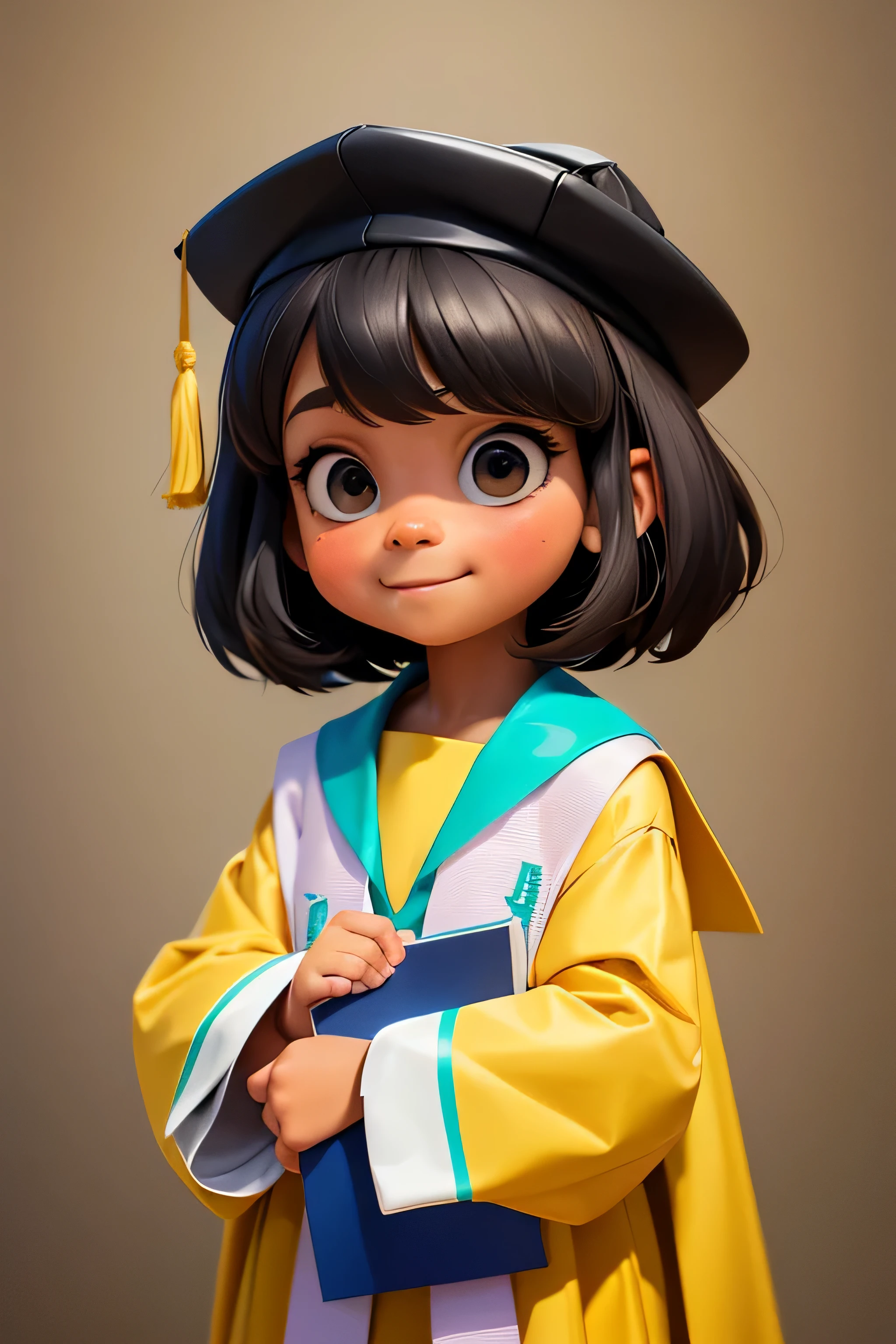 an 8 year old girl wearing a graduation gown and cap, with a diploma, wearing an academic gown, Postgraduate, graduation photo, in pixar cartoon style, Mischievous, school girl,