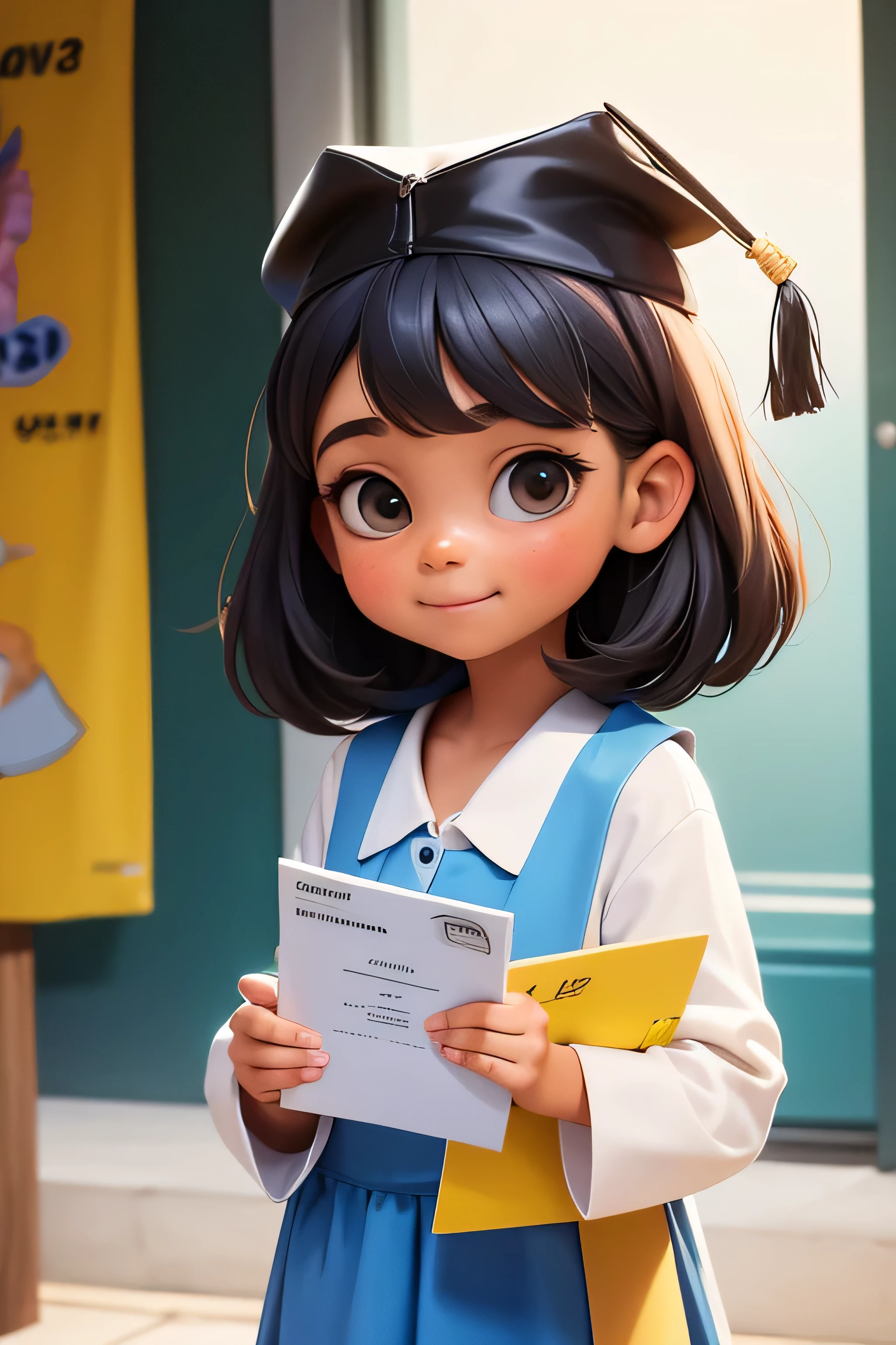 an 8 year old girl wearing a graduation gown and graduation cap, with a diploma, wearing an academic gown, Postgraduate, graduation photo, in pixar cartoon style, Mischievous, school girl, full body.