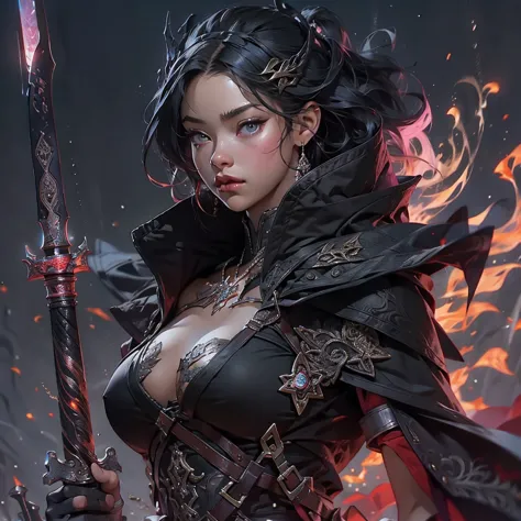 There is a woman in a black outfit, Holding the Sword, Ross Tran 8 k, 3d rendered character art 8 K, Ross Tran style, by Russell...