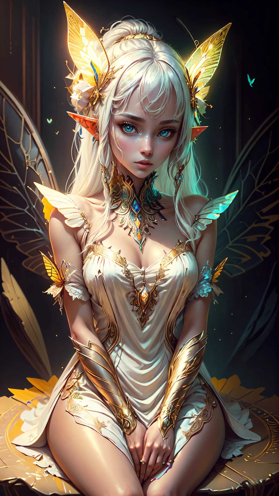 ((Best quality)), ((masterpiece)), (highly detailed:1.3),a woman white hair fringe elf dress neon gold accessories, seated shy look flushed, detailed face detailed eyes, detailed hands, butterfly, neon colors