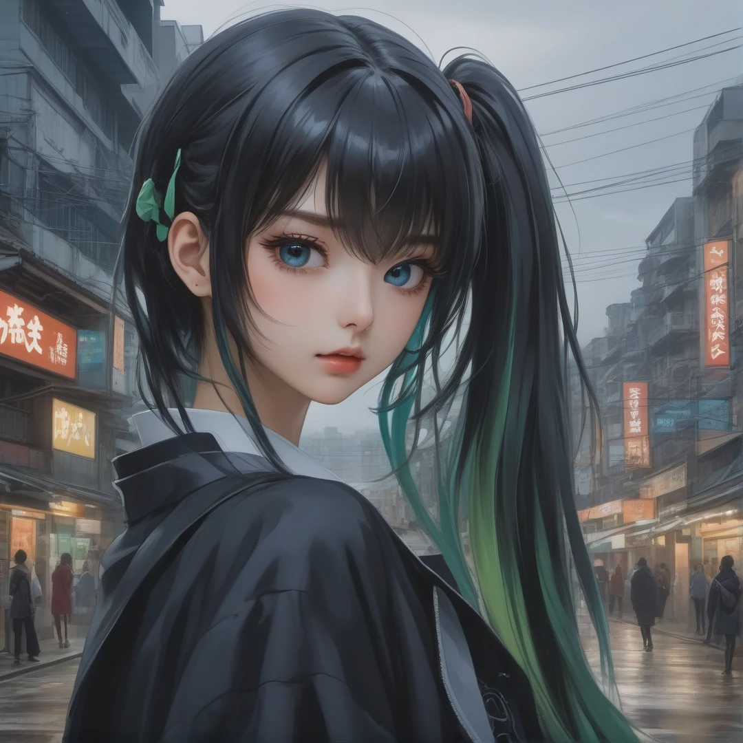 Chica anime con cabello largo y negro y ojos verdes en una ciudad, estilo anime 4k, fondo de pantalla de arte anime 8k, chica anime con pelo largo, fondo de pantalla de arte animado 4k, fondo de pantalla de arte anime 4k, mejor fondo de pantalla de anime 4k konachan, fondo de pantalla animado 4k, fondo de pantalla animado 4K, Hatsune Miku, nocturno, chica anime con cabello verde azulado