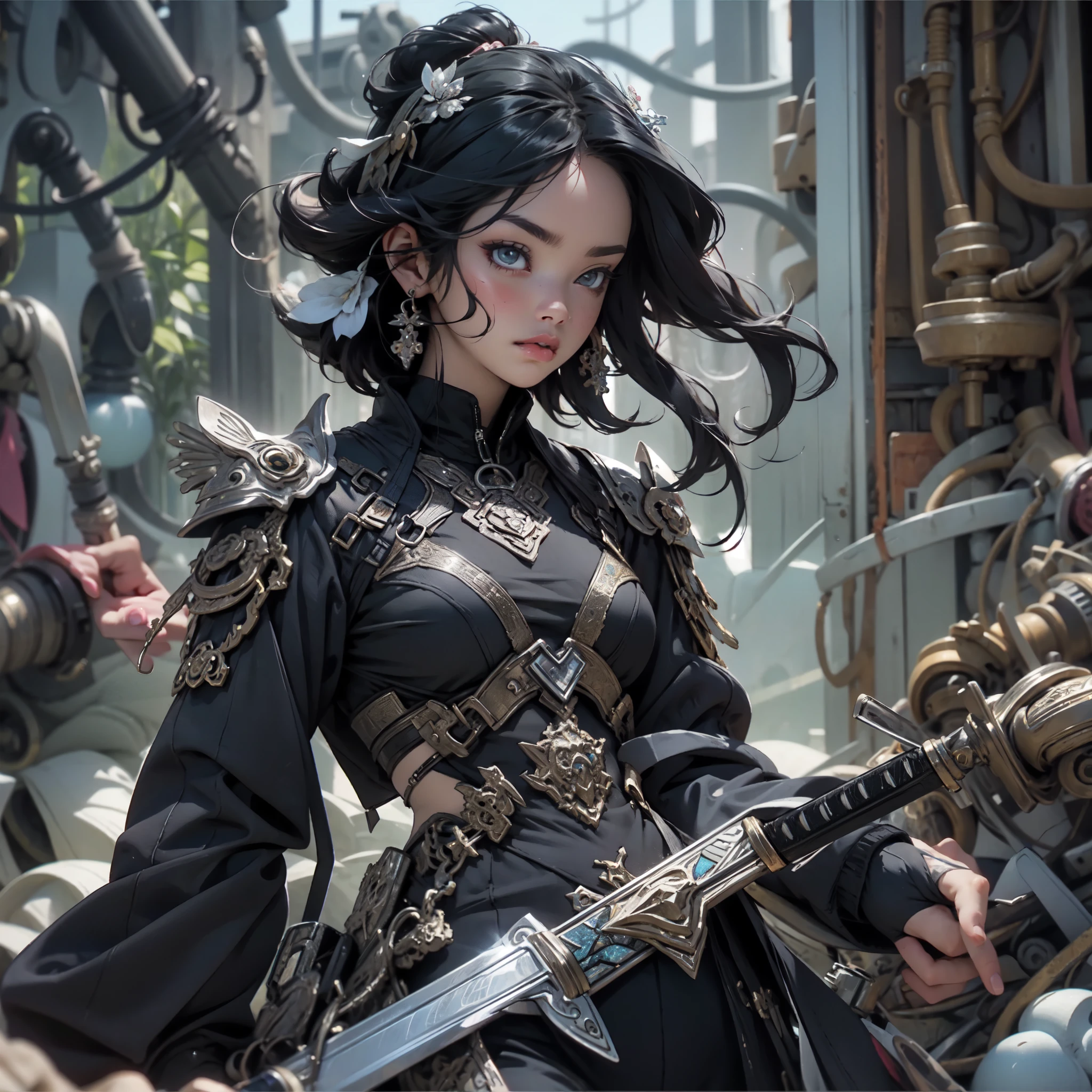 Hay una mujer vestida de negro., sosteniendo la espada, Ross Tran 8K, Arte de personajes renderizados en 3D 8 K, estilo ross tran, por Russell Dongjun Lu, al estilo de Ross Tran, impresionante arte de personajes, obra de arte al estilo del cuestionario, personaje de fantasía hiperdetallado, por ross tran!!!, ross-dibuja 1. 0, Arte de personajes exquisito y épico.